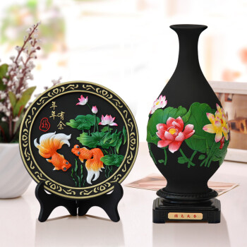活性炭雕工艺品现代简约创意时尚新家居装饰品新房间博古架客厅玄关电视柜酒柜摆设中式花鸟花瓶摆件绿荷花瓶+218年年有余礼盒装	
